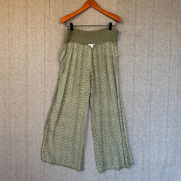 Three Dots Sage Green Ditzy Leaf Print High Rise Wide Leg Palazzo Pants Size XL - Picture 8 of 11